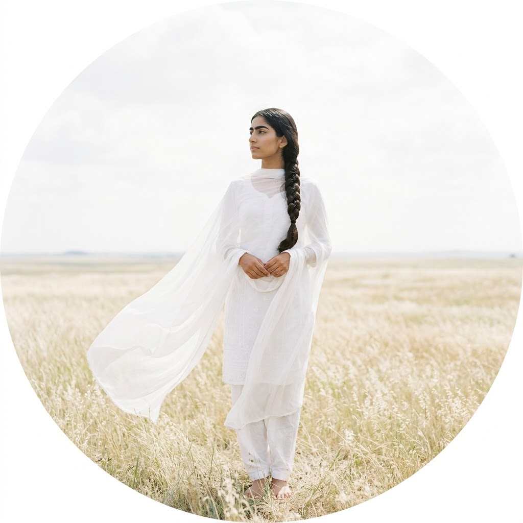 Alone ladki DP – Indian ladki in a white salwar suit with her chiffon dupatta flying in an open field