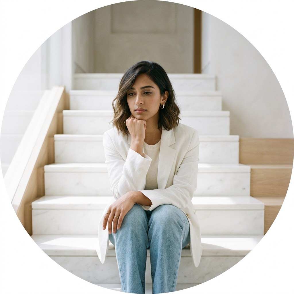 Alone single girl DP – Indian girl in a white blazer sitting on white marble stairs with her chin on her knees

