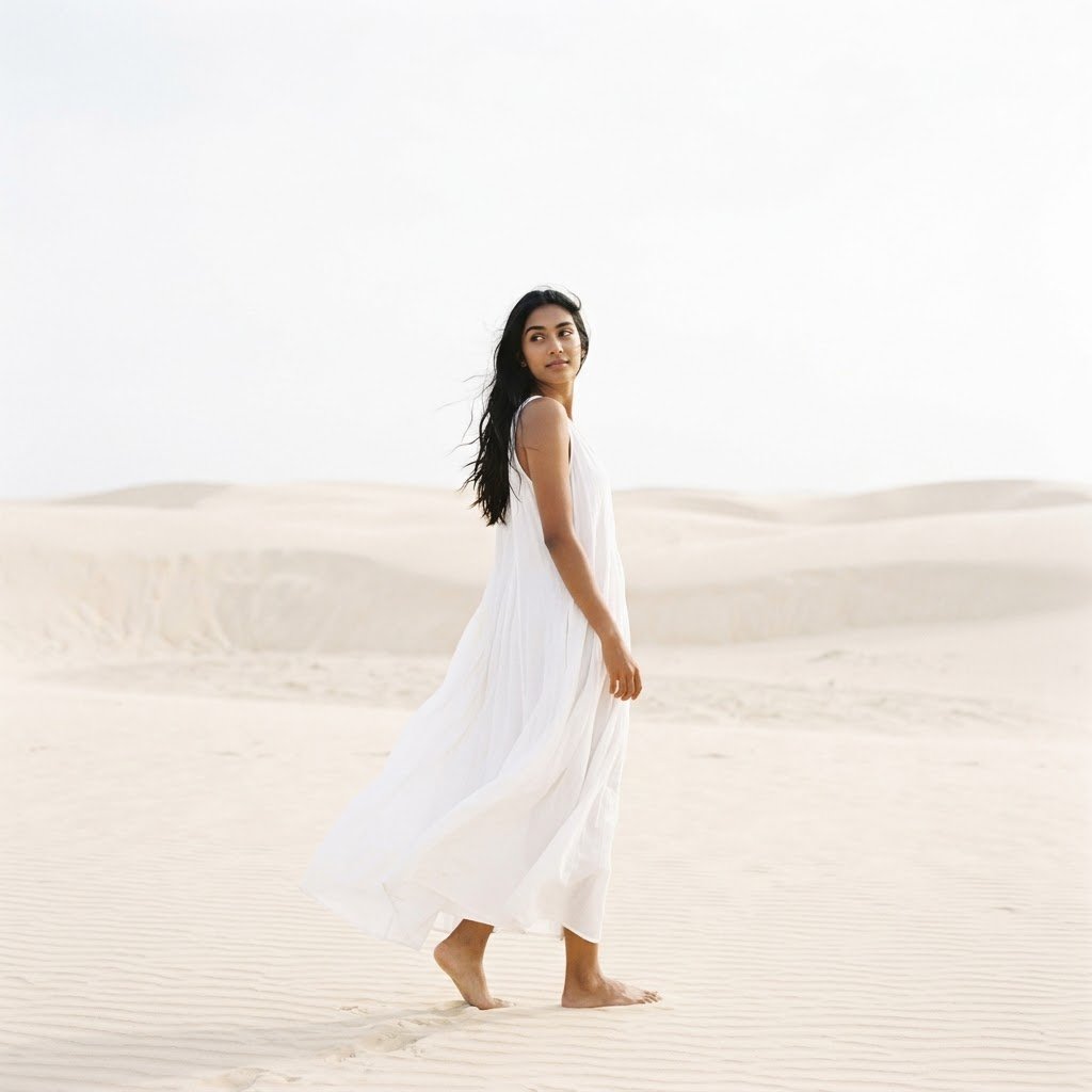 Instagram alone girl DP – Indian girl in a flowing white maxi dress looking back on cream sand dunes