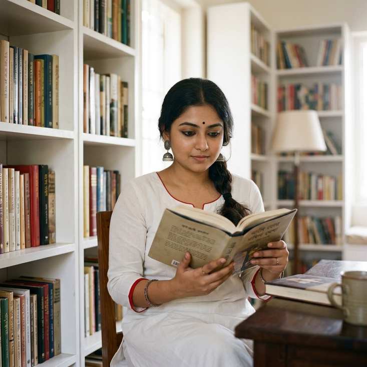 Instagram single girl DP – Bengali girl in a red-bordered white kurta reading beside white bookshelves