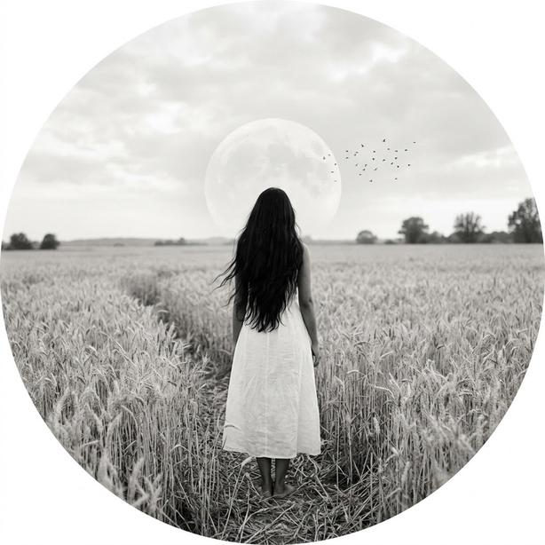 Sad alone girl DP for WhatsApp – Indian girl with long black hair in a wheat field under a pale full moon

