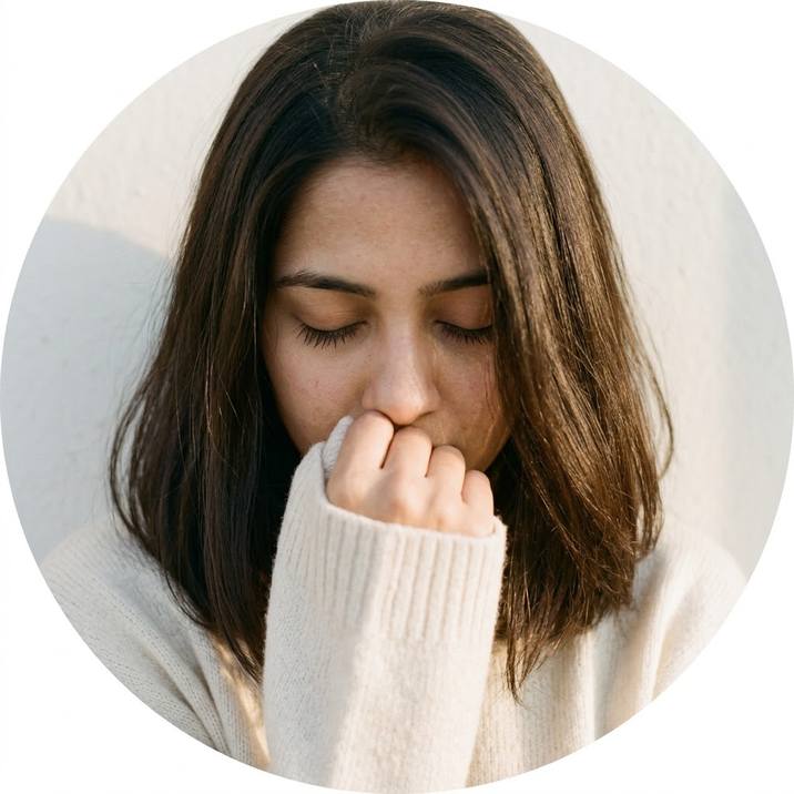 Sad alone girl DP for WhatsApp – black-and-white photo of an Indian girl hiding her mouth in a sweater sleeve by a window