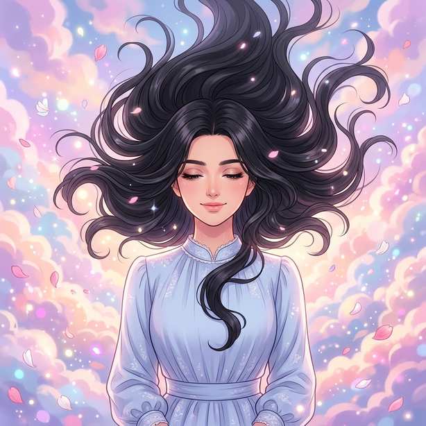 Aesthetic anime dp for girls floating in a dreamy pastel cloud sky with petals