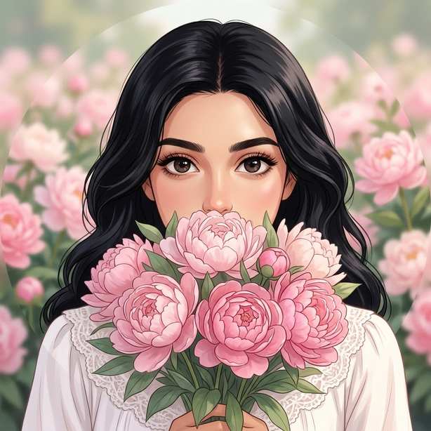 Aesthetic anime dp for girls with face hidden behind a pink peony bouquet