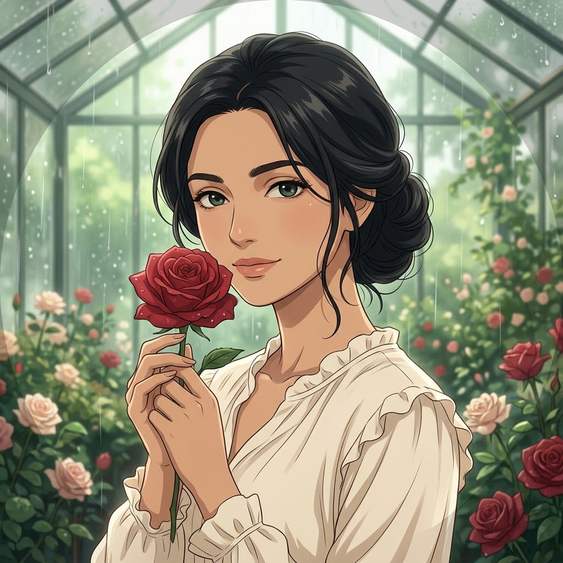 Aesthetic anime girl dp holding a red rose in a rainy glass greenhouse