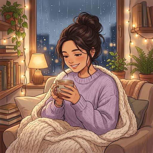 Aesthetic anime girl dp for whatsapp in a cozy fairy-light reading nook
