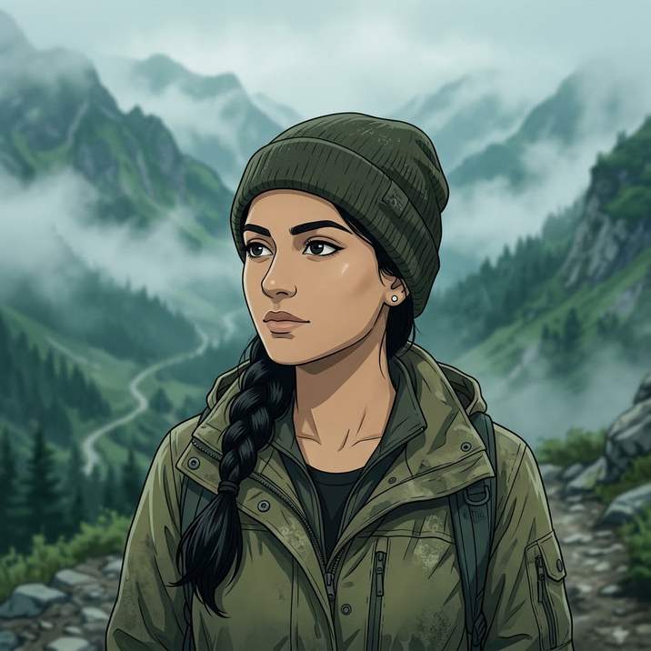 Cool anime girl dp in hiking jacket among misty mountains at dawn
