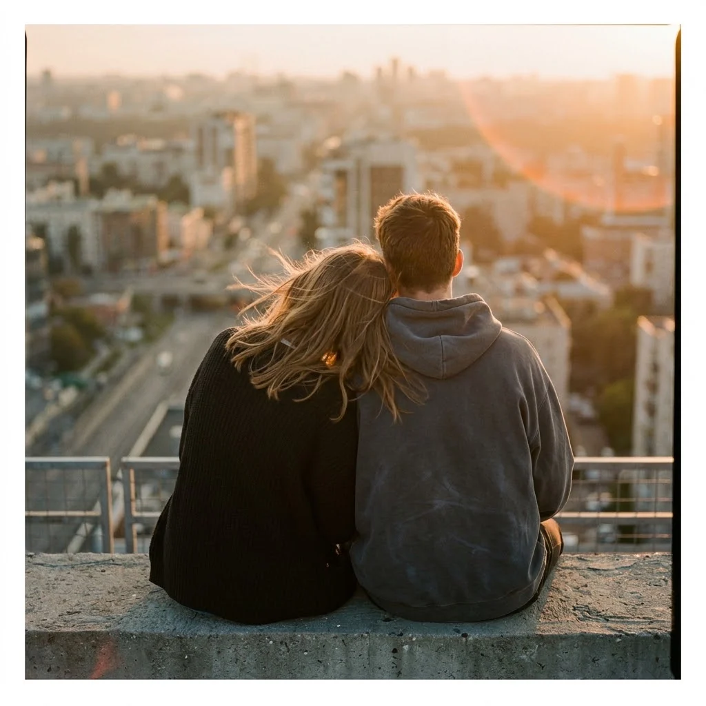 Faceless Couple DP mirror selfie of a pair in matching grey hoodies in soft window light