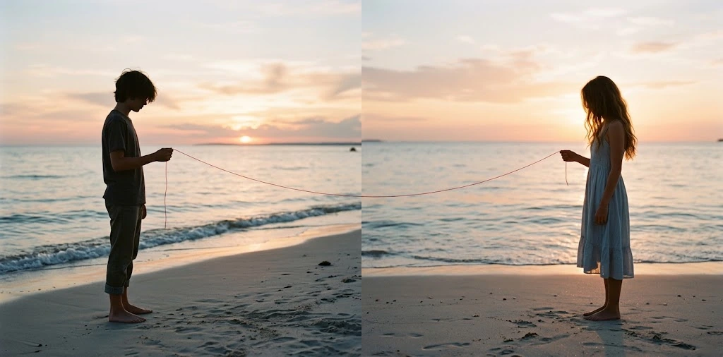 Red string of fate Couple DP showing a boy and girl on a beach at sunset, joined by a thread
