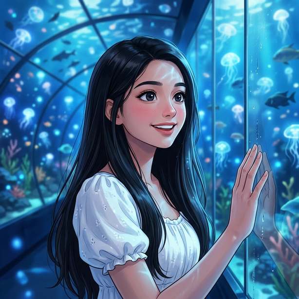 Cute anime girl dp in a glowing blue aquarium tunnel with jellyfish