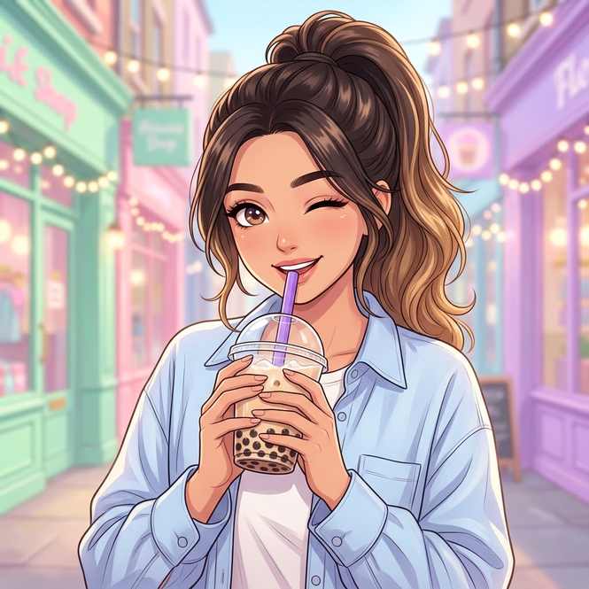 Cute anime girl dp for instagram winking with bubble tea on a pastel street