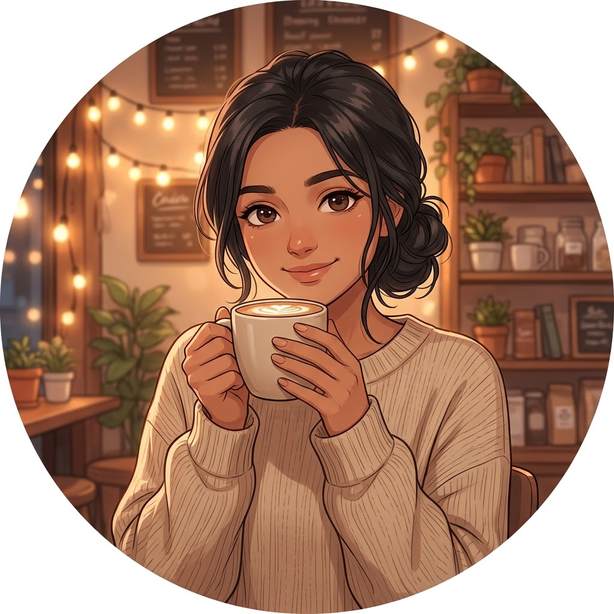 Cute anime girl dp for instagram holding latte in a cozy café with fairy lights