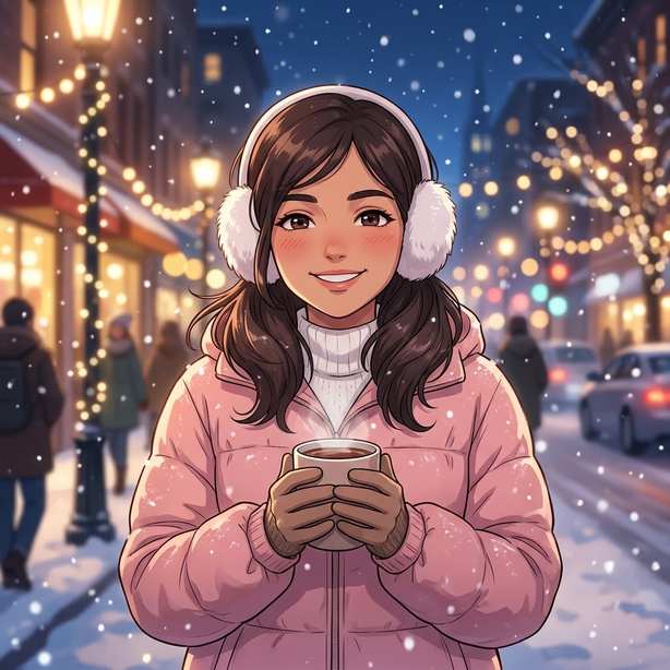 Cute anime girl dp for whatsapp in earmuffs on a snowy night city street