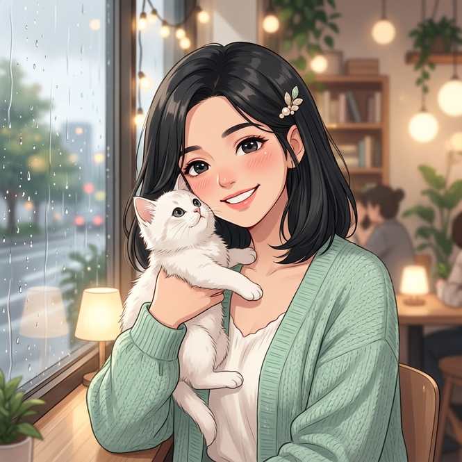 Cute anime girl dp holding a white kitten by a rainy café window