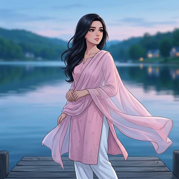 Girls anime dp in pastel kurta and flowing dupatta at a lakeside dock at blue hour