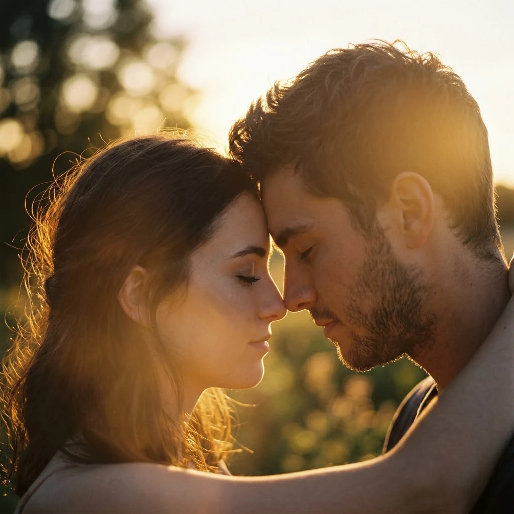 Romantic couple touching foreheads with eyes closed in warm golden hour sunlight, soft bokeh greenery in the background