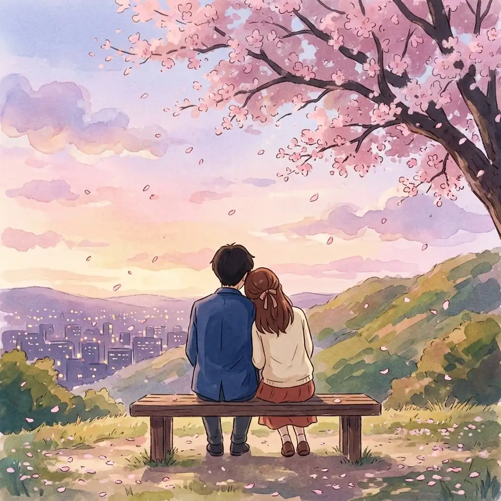 Watercolor illustration of a couple sitting on a wooden bench under a pink cherry blossom tree, the girl resting her head on his shoulder while overlooking a city at sunset